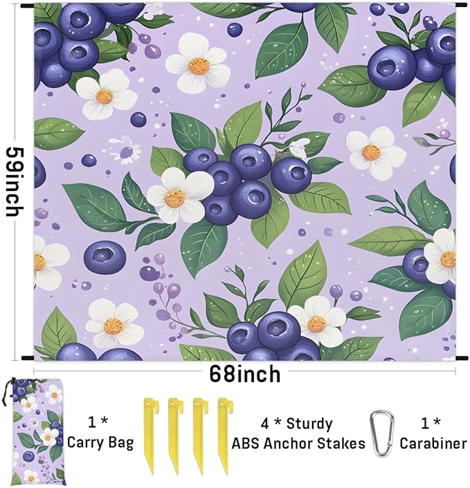 Waterproof Sandproof Beach Blanket 59''×68'' Blueberries Blossom Polyester Outdoor Picnic Blanket with 4 Stakes &amp Storage Bag for BeachCampingVacation Light Blue