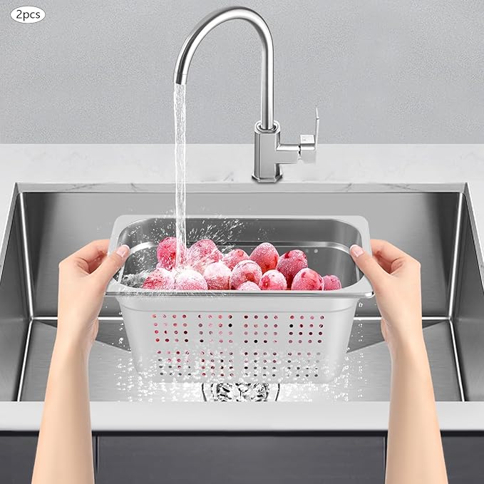 2 Pcs Filtering Pans 6.34Qt Anti-Jam Perforated Pan Stainless Steel Steam Pan Filter BasketCommercial Hotel Pan Catering Food PansDishwasher/Oven/Freezer Safe