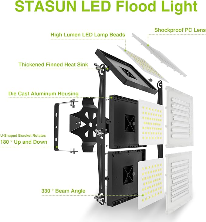 LED Flood Light Outdoor STASUN 480W 48000lm 6000K Daylight White IP66 Waterproof Commercial Parking Lot Light3 Heads for Yard Street Stadium House Floodlight Bright Security Lights for Outdoor Area