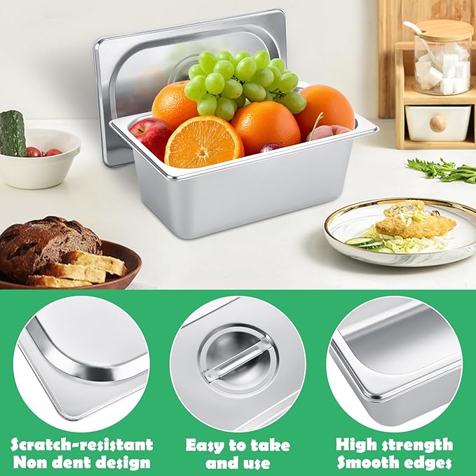 LANIAKEA 4PCS Hotel Pans with Lids Stainless Steel Steam Table Pan Restaurant Supplies 1/4 Size x4 inch Deep Stainless Steam Table Pans Hotel Pan Trays for Food