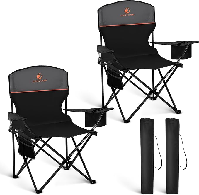 HIGH POINT SPORTS 2 Pack Portable Camping Chair for Adults Folding Outdoor Camp Chair Lightweight Lawn Chairs Folding Collapsible Chair for Camping Tailgates Beach Black Support 250 lbs