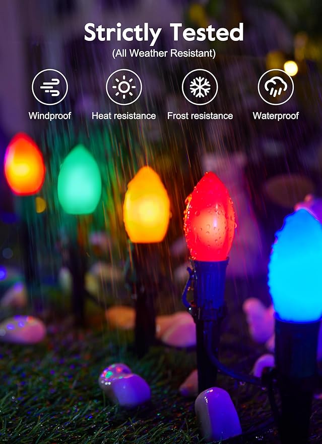 Frosted C9 Christmas Lights Outdoor 25.7 Ft Christmas Pathway Lights with 20 LED Bulbs and Stakes Connectable Christmas Yard Decorations Walkway Sidewalk Holiday Multicolor