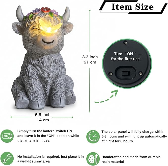 Solar Highland Cow Garden Statue with Glowing Butterfly Outdoor Highland Cow Decorations for Patio Yard Lawn Ornaments Gifts for Mom/Grandma Birthday Housewarming