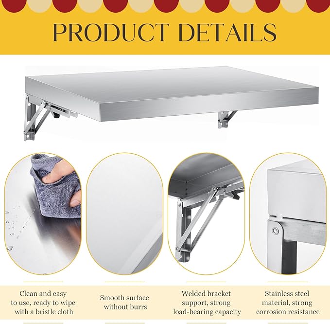 Stainless Steel Folding Shelf Wall Mounted Commercial Concession Serving Shelf for Food Truck Trailer Window Kitchen Restaurant Garage Utility Room(16x24)