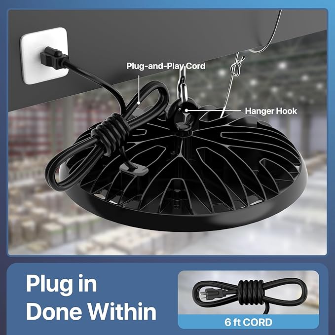 HYPERLITE UFO LED High Bay Light: 150W 19500LM High Bay LED Shop Lights with 6ft Plug - 6000K IP65 LED Warehouse Lights for Workshop Stadium Garage Lighting 1-Pack
