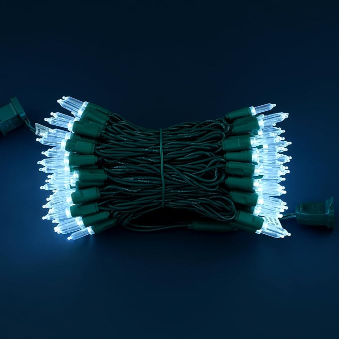 100 Cool White One-Piece LED Christmas Lights 33 ft Green Cord High Waterproof UL Certified T5 Outdoor String Lights (Cool White)