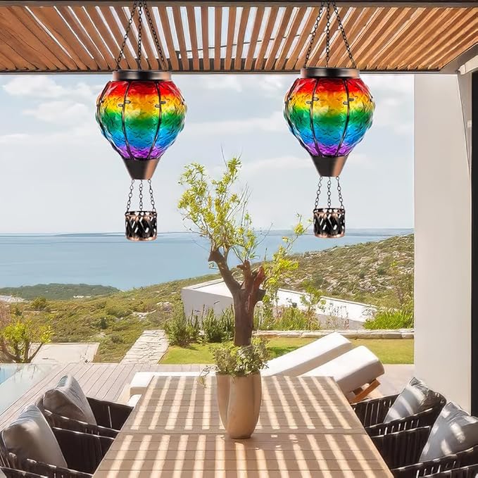 DREAMSOUL Rainbow Hot Air Balloon Solar Lantern Metal &amp Glass Solar Lantern with Flickering Flame Hanging Solar Lanterns Outdoor Waterproof for Lawn Patio Tree Decor