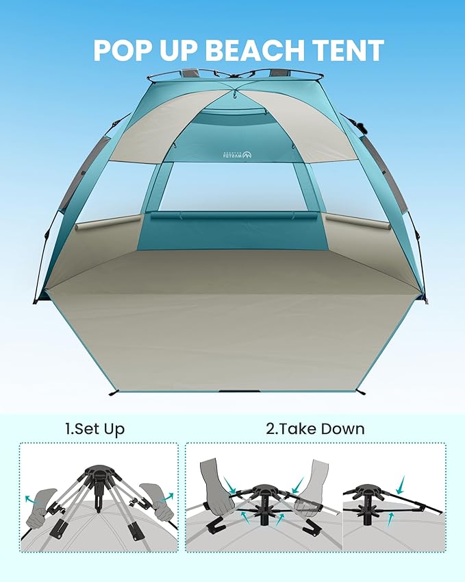 OutdoorMaster Beach Tent Sun Shelter for 3-4 Person Pop Up Beach Tent Easy Setup with Sandbags Portable Sun Shade Canopy with Carrying Bag for Beach &amp Outdoor UPF50+ UV Protection Family Size