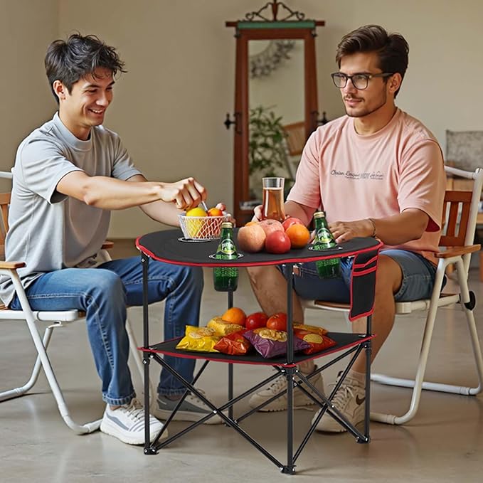 VEVOR Folding Camping Table Portable Outdoor Lightweight Picnic Table 600D Oxford Fabric Waterproof Canvas Travel Beach Tables with 4 Cup Holders Carry Bag for Tailgating Camping Picnic Black