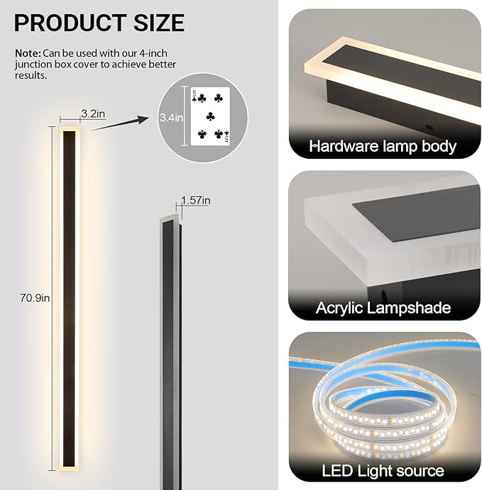 Modern Outdoor Wall Light 71 Inch 3000K-6000K Dimmable Outdoor Wall Lights IP65 Waterproof Black Exterior Sconces Wall Lighting for House Porch Garage Patio Garden