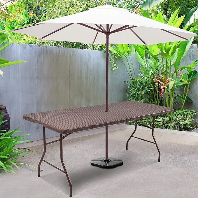 Tangkula 6Ft Rattan Folding Table Indoor Outdoor Portable Foldable Table with 1.8 Inch Umbrella Hole Heavy Duty Metal Frame Carrying Handle for Camping Picnic Backyard BBQ