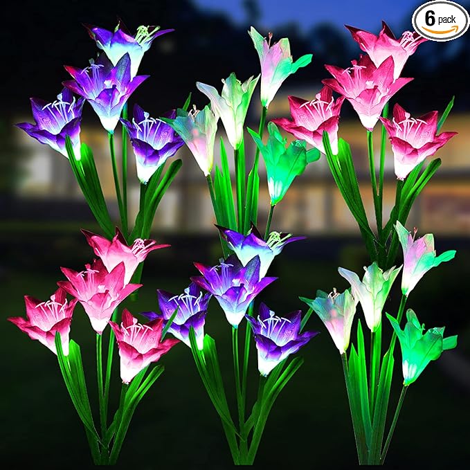 WdtPro Solar Lights Outdoor Garden Decorative 6 Pack Waterproof Solar Garden Lights with 24 Lily Flowers Color Changing LED Solar Powered Landscape Lights for Outside Yard Patio DecorGifts