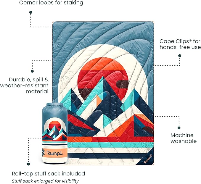 Rumpl Original Puffy Blanket - Warm Water-Resistant Camping Blanket with 100% Recycled Synthetic Insulation 52x75 Original Puffy V2 Radiant Peak Eclipse