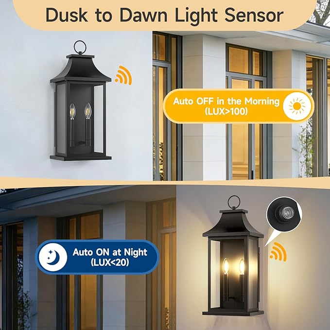 Large Outdoor Wall Lights Dusk to Dawn Sensor Outside Lights Exterior Lighting Fixtures Wall Mount Wall Sconce Light Outdoor Lanterns for Porch Black 22 2-Light 2-Pack