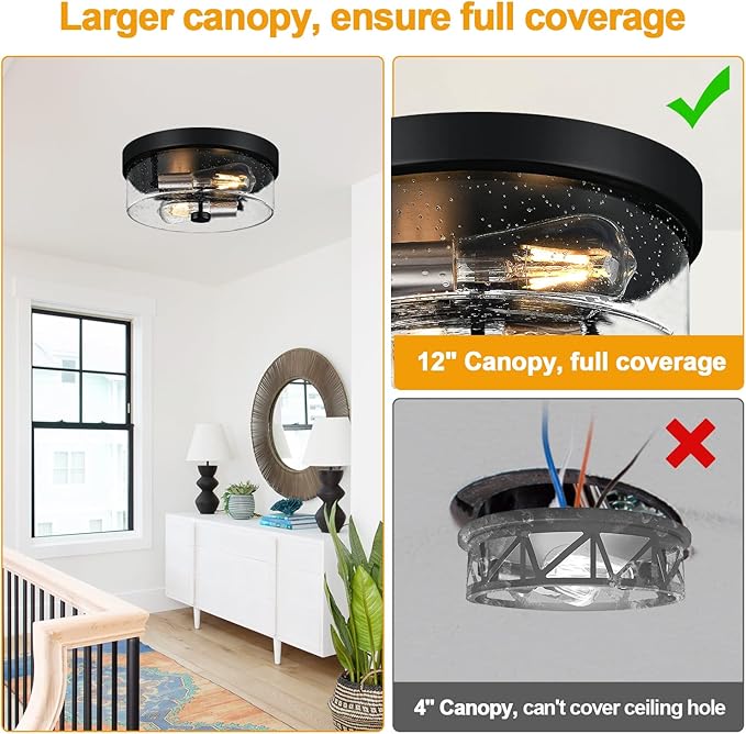 Flush Mount Ceiling Light Fixtures 2-Light Black and Silver Ceiling Mount for Farmhouse with Seeded Glass Lampshade Industrial Flush Mount Light Fixture for Hallway Kitchen Entryway and Foyer