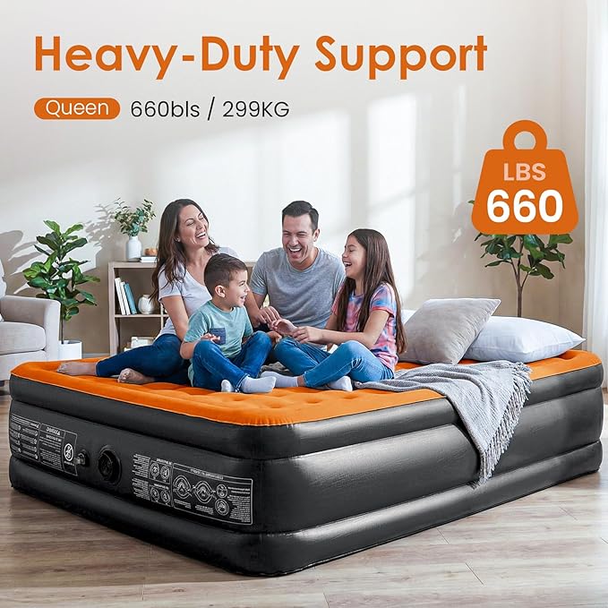 Lamberia Air Mattress with Built in 2 Purpose Pump 18 Raised 660lbs Max Comfort Inflatable Mattress Blow up Mattress Portable Air Bed for Camping Guests Home Colchon(Orange BlackQueen)