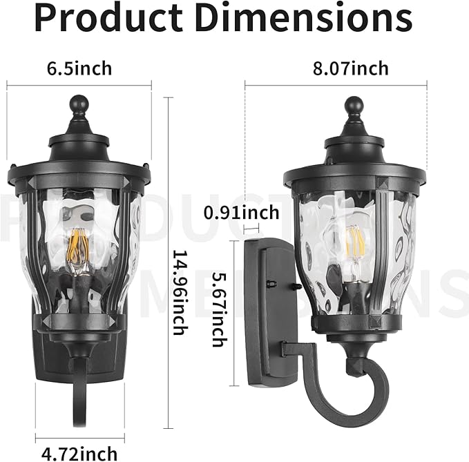 JYZ 15 Outdoor Wall Light Lantern Anti-Rust Exterior Wall Sconce with Hammered Water Ripple Glass Waterproof Matte Black Outside Lighting Fixture for Front Door Porch Garage