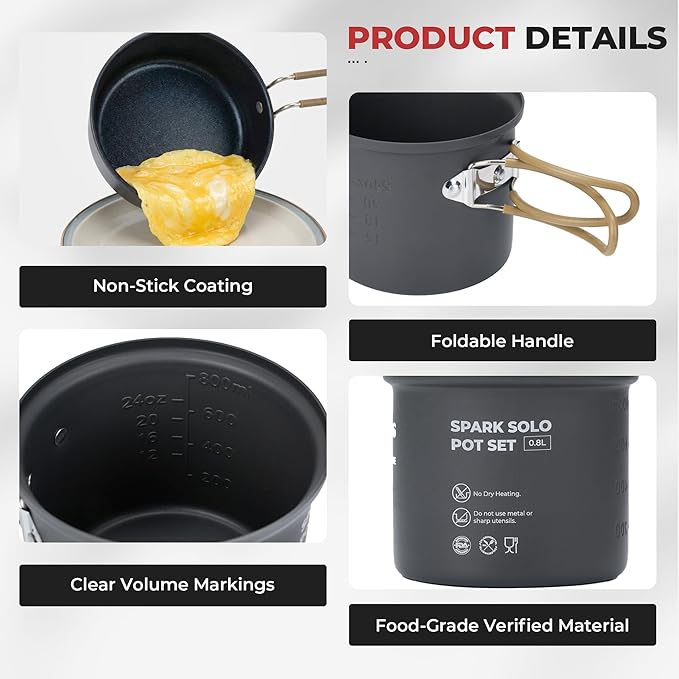 Alocs 9pcs Camping Cookware Kit Non-Stick Lightweight Camping Pots with 3200w Stove Igniter &amp Gas Canister Stand 5-in-1 Utility Spork for Hiking Solo Camping Backpacking Outdoor Cooking Pic