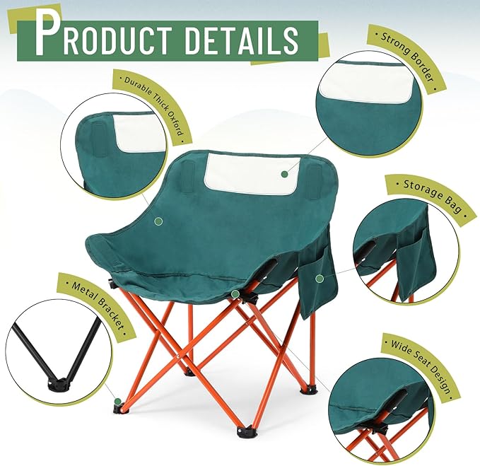 2 Pack Compact Camping Chairs Portable Folding for Outside with Carry Bag Lightweight Moon Chairs for Travel Picnic Hiking Beach Fishing 600D Oxford Supports 330lbs(Green)