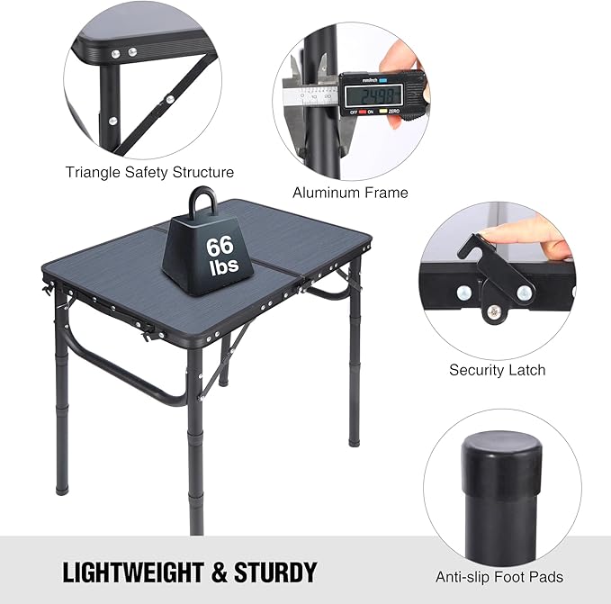 RedSwing Small Folding Table Adjustable Height Lightweight and Portable Aluminum Frame Camping Table for Outdoor Indoor Picnic 2 Feet Grey