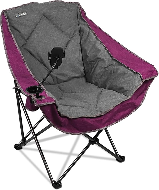 CAMPHILL Folding Camping ChairOversized Portable Camping Chair with Cup Holder and Phone HolderHeavy Duty Padded Lawn Chair for Camping Tailgates Beach and Sports