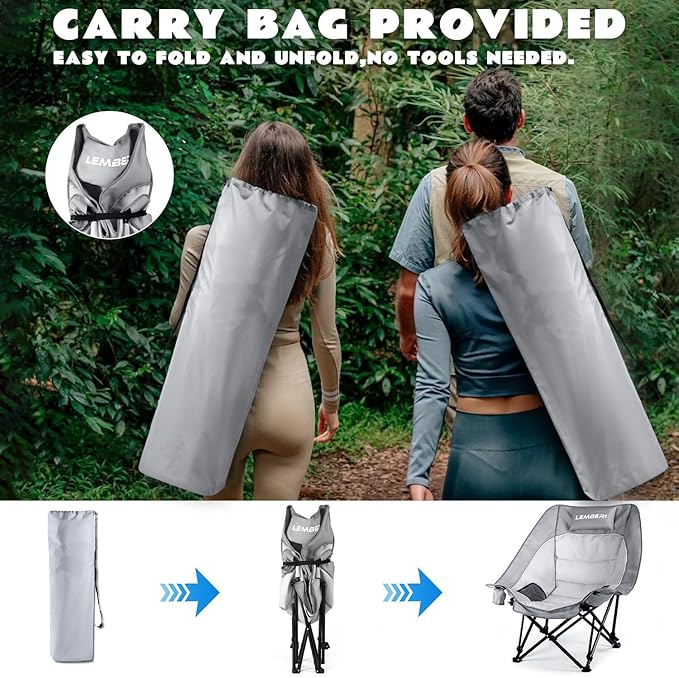 LEMBERI Oversized Heavy Duty Camping Chair for Adults500lbs Comfortable Folding Lawn Chairs Large Outdoor Portable Chair with Cup Holder Side Pocket and Cooler Bag Gray
