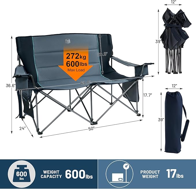 TIMBER RIDGE Oversized Double Camping Chairs Camping Couch 2 Person Camping Loveseat Double Folding Camp Chair with Wine Glass Holder Portable Chair for Outdoor Lawn Chairs Indoor Supports 600LBS