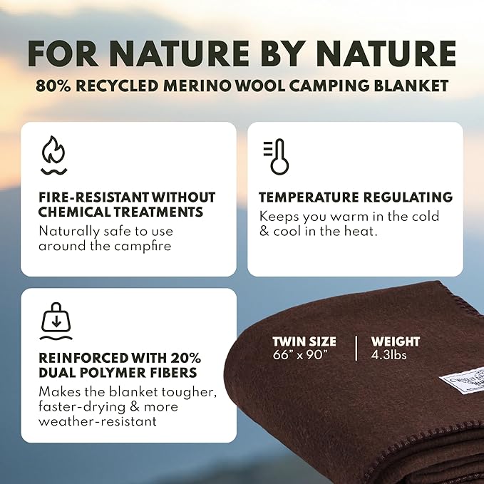 Woolly Mammoth Woolen Company Merino Wool Blanket - 80% Merino Wool - Camping Blankets for Cold Weather - Mositure-Wicking for Overlanding Hunting Emergency Kits Bushcraft (66 x 90 Bark)