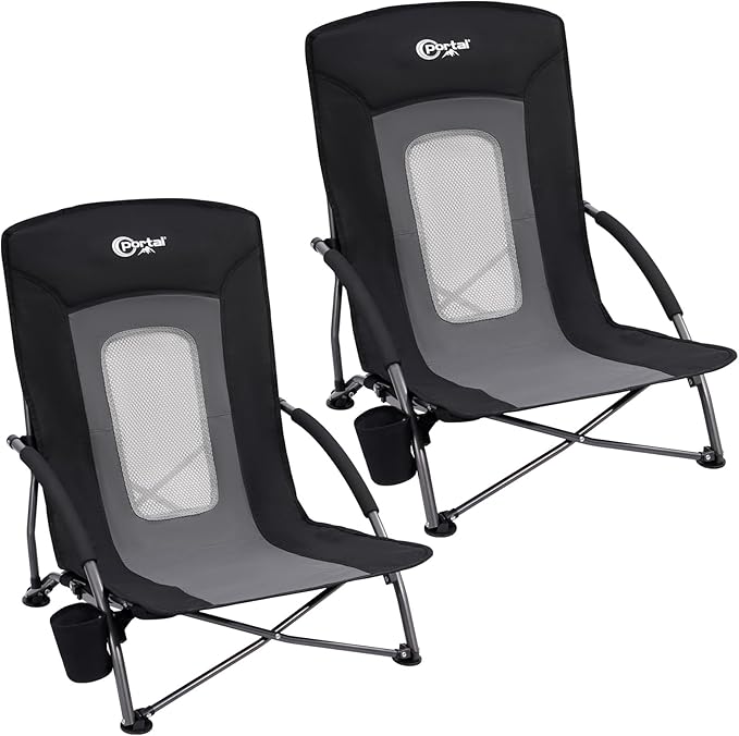 Portal Beach Chairs for Adults Camping Low Lightweight Portable Chair with Cup Holder Mesh Back Carry Bag for Outdoor Sand Lawn Travel Picnic Festival Concert