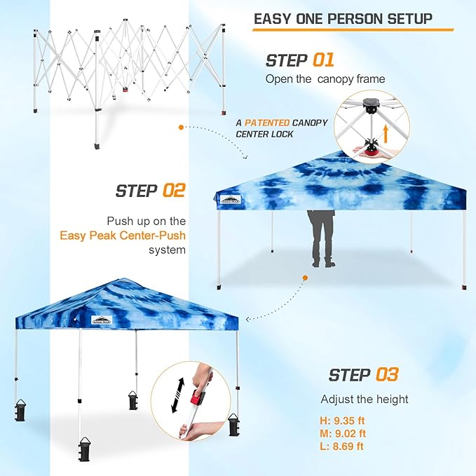 EAGLE PEAK Pop Up Canopy Tent with Wheeled Carry Bag 8 Stakes 4 Ropes 4 Weight Bags Easy Set Up Tent Canopy 10x10 ft 100sqft of Shade Tie Dye Blue