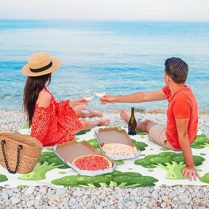 Waterproof Sandproof Beach Blanket 59''×68'' Vegetables Polyester Outdoor Picnic Blanket with 4 Stakes &amp Storage Bag for BeachCampingVacation Broccoli