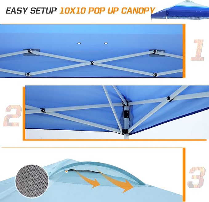 EAGLE PEAK Pop Up Canopy Tent with Wheeled Carry Bag 8 Stakes 4 Ropes 4 Weight Bags Easy Set Up Tent Canopy 10x10 ft 100sqft of Shade Blue Fade Stripe