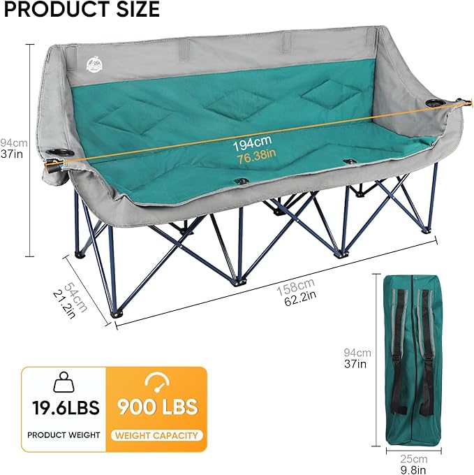 Northroad 3 Person Camping Chair Oversized 900 Lbs Outdoor Lawn Loveseat Chair Padded Folding Chairs for Adults Heavy Duty Soccer Chair w/Cup &amp Wine Glass Holder for Outside Picnic Beach Sports
