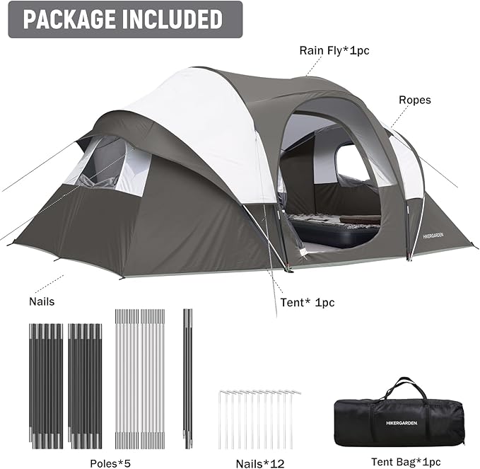 HIKERGARDEN 10 Person Camping Tent - Portable Easy Set Up Family Tent for Camp Windproof Fabric Dome Tent Outdoor for Hiking Backpacking Traveling-14'x11'x74in(H)