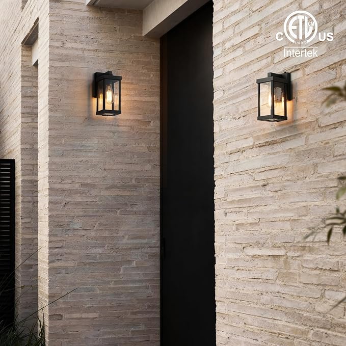 mirrea 11 Dusk to Dawn Classic Outdoor Wall Sconce 1 Light in Matte Black Rectangular Metal Frame and Clear Glass Shade Waterproof Porch Light Patio Light Pack of 2