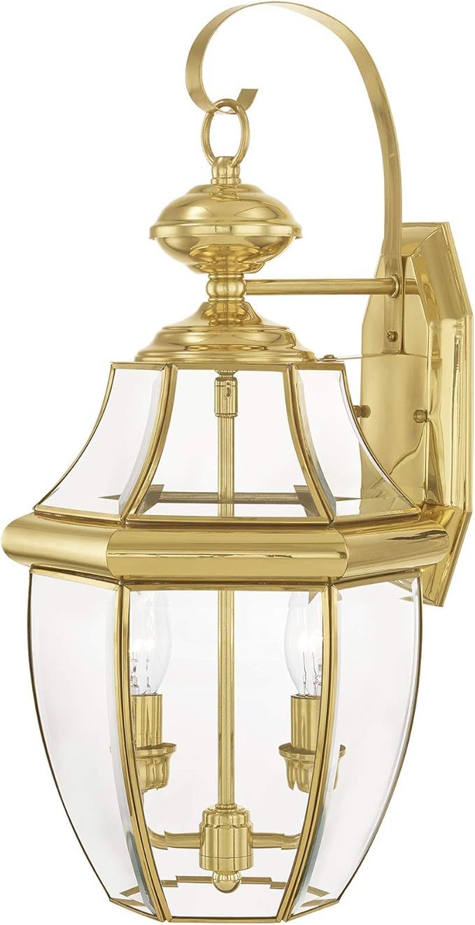 Livex Lighting 2251-02 Monterey 2 Light Outdoor Polished Brass Finish Solid Brass Wall Lantern with Clear Beveled Glass 20.25 x 10.5 x 10