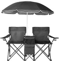 Double Folding Camping Chair W/Umbrella Fold Up Table Beverage Holder Carrying Bag Cooler for Patio Pool Park Outdoor Beach Picnic Portable (Black)