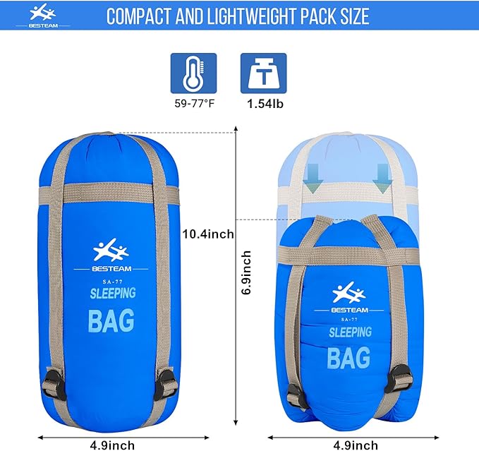 Warm Weather Sleeping Bag - Portable Waterproof Compact Lightweight Packable for Kids Teens Adults Camping Backpacking Hiking Spring Summer Fall