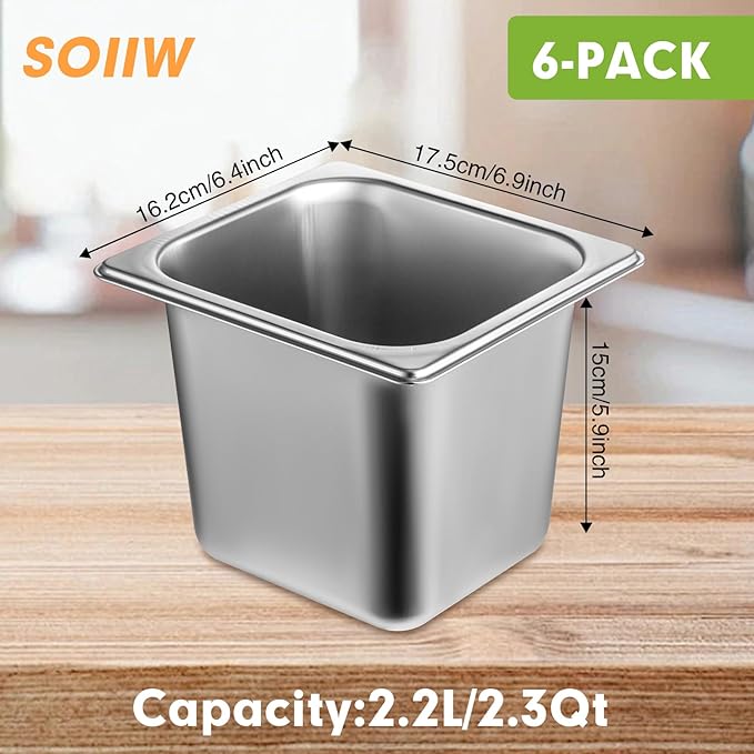 6 Pack Stainless Steel Hotel Pans with Lid 1/6 Size x 6 Deep Steam Table PAN 0.8 mm Thick Commercial Food Storage Containers Anti Jam Pan Stainless Steel Steamer Pan for Hotel Restaurant Buffet