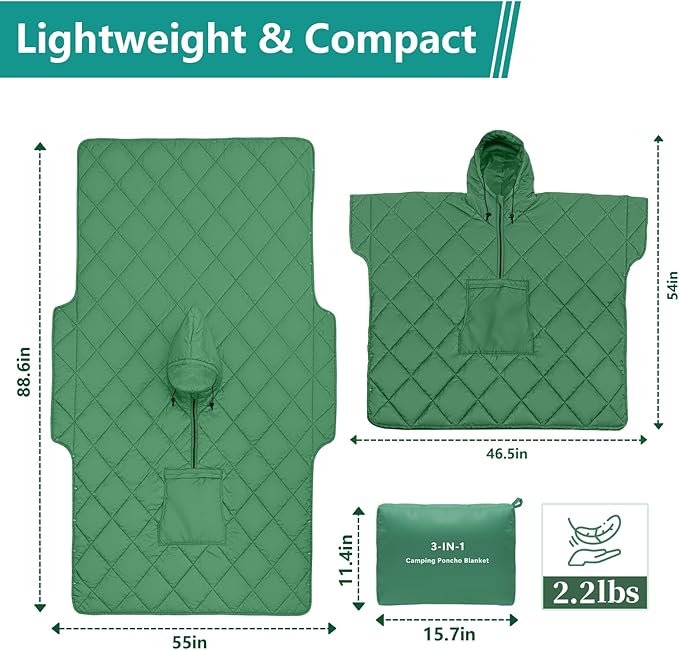 Camping Outdoor Blanket Ultralight Down Alternative Printed Travel Camp Blankets for Sleeping Packable Waterproof Puffy Quilt for Hammock Picnic Stadium Beach Cold Weather (Green Blanket Poncho)