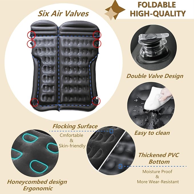 Car Air Mattress - Inflatable Bed SUV Mattress with Two Pillows for Cars Backseat Trunk Portable Flocked Camping Bed Sleeping Mat for Vehicle Travel Road Trip Indoor&ampOutdoor Activities Black