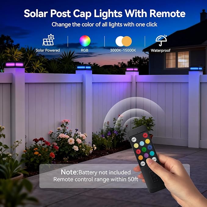 Solar Post Cap Lights Outdoor with Remote 12 Pack Waterproof RGB Color Changing Fit 4x4 5x5 Wood/Vinyl Posts Black Fence Post Solar Lights with 12 Color Modes for Deck Patio Garden Decoration