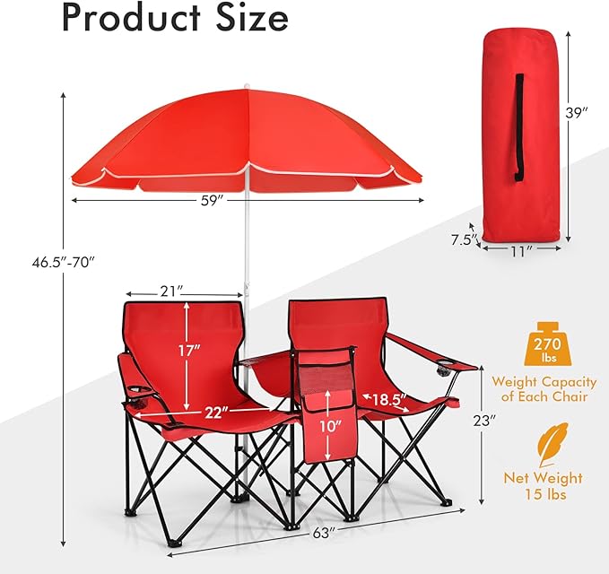 Giantex Double Camping Chair with Umbrella - Folding Picnic Loveseat with Carrying Bag Cooler Bag Table Side Pocket &amp Cupholder Portable Beach Chair for Camping Picnic Fishing Beach