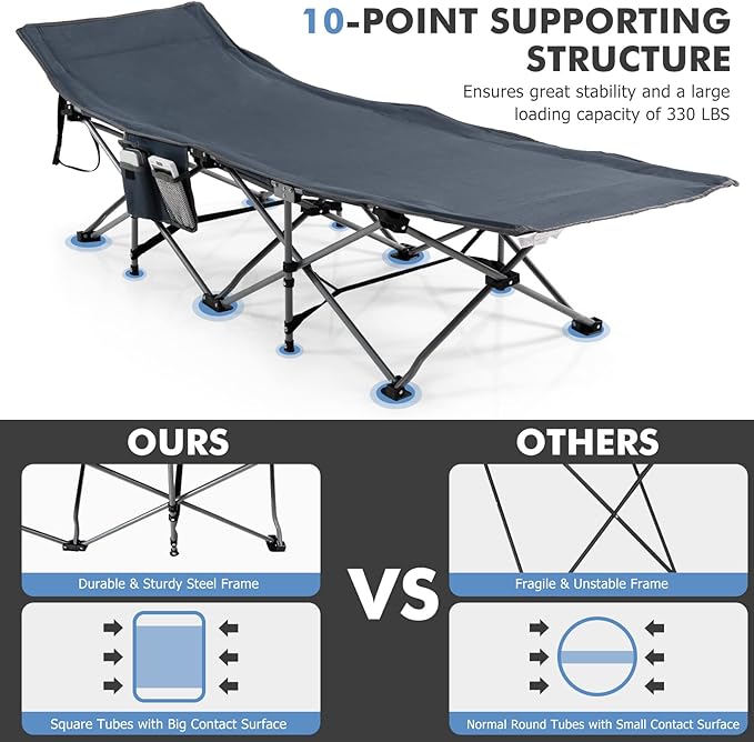 Tangkula Camping Cot for Adults Folding Sleeping Cot with Removable Mattress Pillow Side Pocket Portable Indoor Outdoor Cot Bed with Carry Bags for Travel Camp Office Home (Blue)