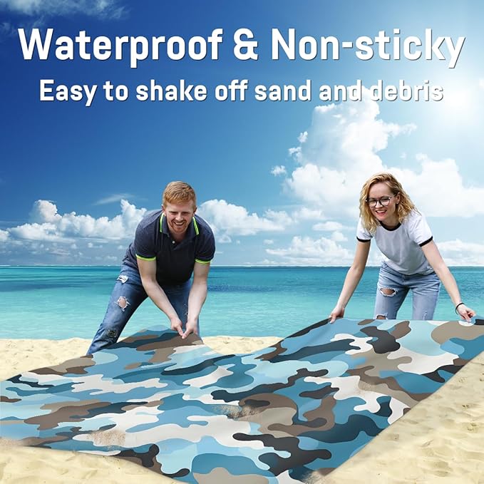 Waterproof Sandproof Beach Blanket 59''×68'' Camouflage Polyester Outdoor Picnic Blanket with 4 Stakes &amp Storage Bag for BeachCampingVacation Light Blue