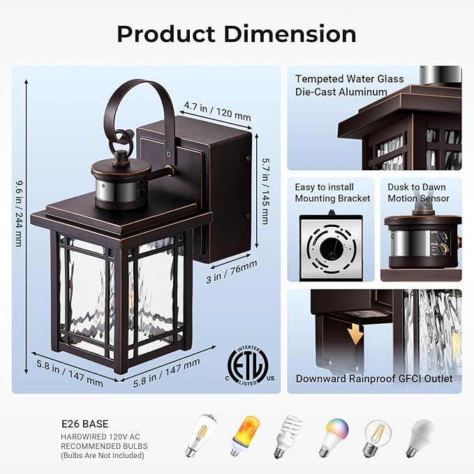 Porch Light with GFCI Outlet Motion Sensor Outdoor Wall Light Wall Mount Oil Rubbed Bronze Exterior Lighting Fixtures Outdoor Sconce Light Wall Lantern Exterior Garage Lights for Coach
