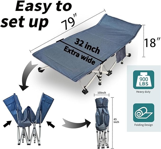 Extra Wide 32 Oversized Camping Cot with Comfortable Mattress - Heavy Duty Folding Bed for Adults XXL Portable Guest Bed with Carry Bag Easy Setup for Indoor &amp Outdoor Use