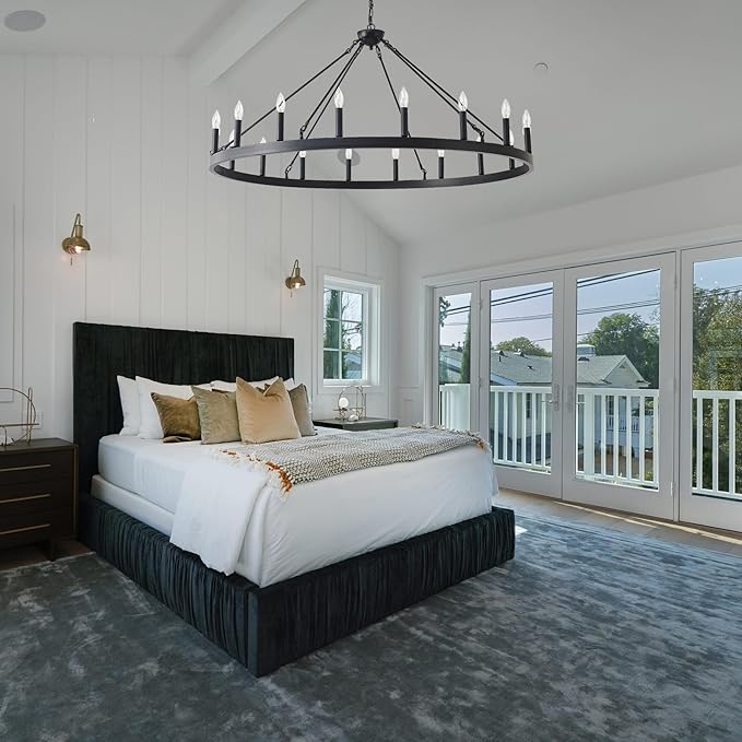 53 Inch Large Black Wagon Wheel Chandelier 18-Light Farmhouse Wagon Wheel Chandeliers Round Industrial Ceiling Light fixtures for Outdoor Porch high Ceilings Living Dining Room Foyer Entryway