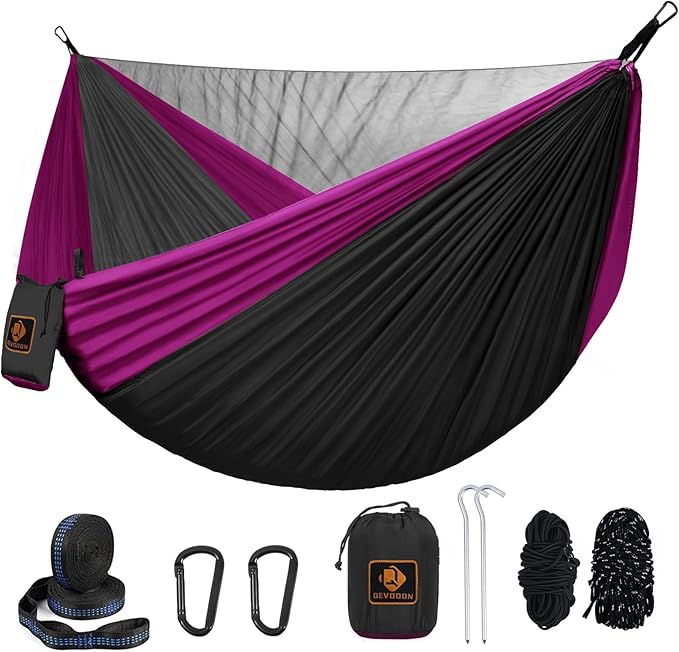 Camping Hammock Portable Hammocks with Mosquito NetLightweight Nylon Parachute Hammock with 10ft Tree StrapsCamping Gear Must Haves for Travel Hiking Backpacking Beach Patio-Black&ampPink
