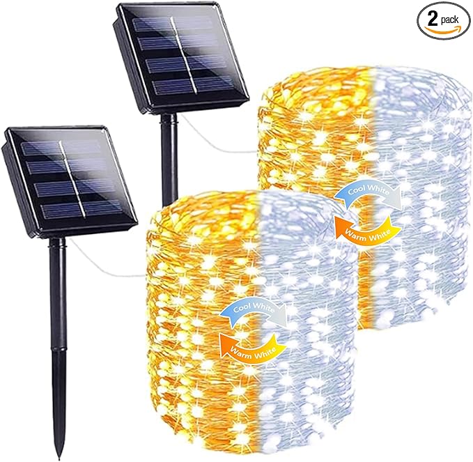 Warm White and Cool White Color Changing Solar String Lights for Outside 2 Pack 400LED Solar Fairy Lights Outdoor Waterproof Copper Wire with 8 Modes Solar Twinkle Lights for Tree Garden Party
